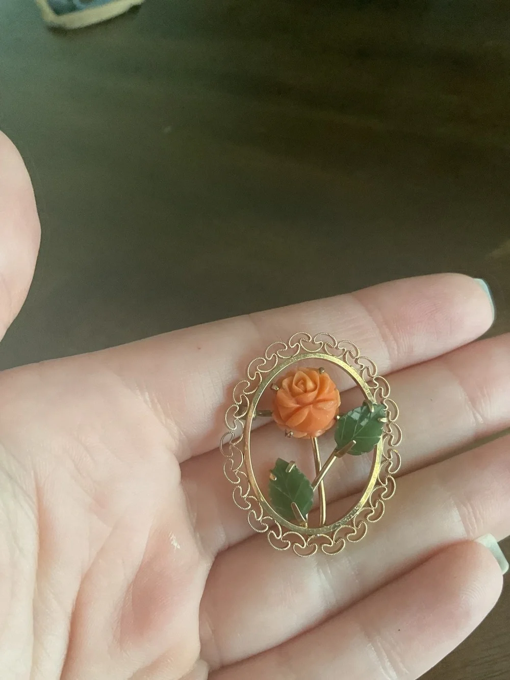 Krementz Carved Coral and Jade Rose Flower Filigree Brooch